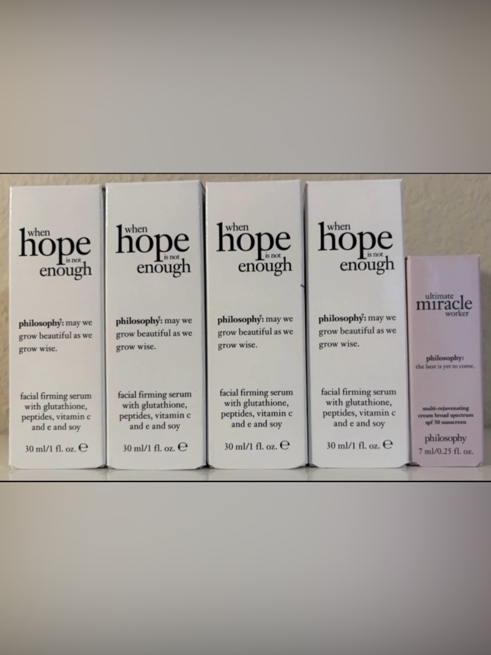 Philosophy When Hope Is Not Enough Serum 1oz × 4
&Ultimate Miracle Worker
.25oz